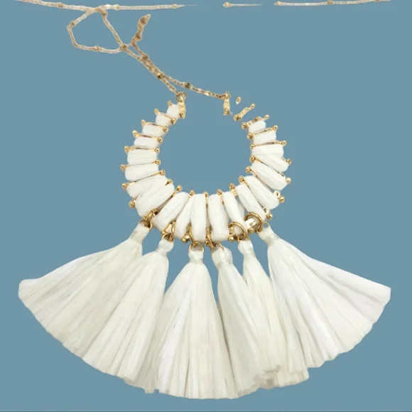 Half Moon Circle Fan Tassel Fringe Opera Lengt Gold tone Textured Chain Necklace - Picture 2 of 9